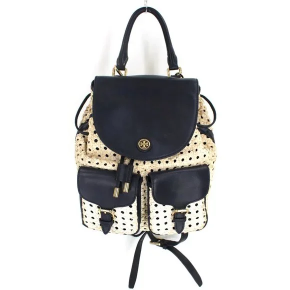Tory Burch Navy Piper Backpack Woven Blue White Saffiano Leather Tory Burch Navy Blue/White Woven and Saffiano Leather Piper  main image 2